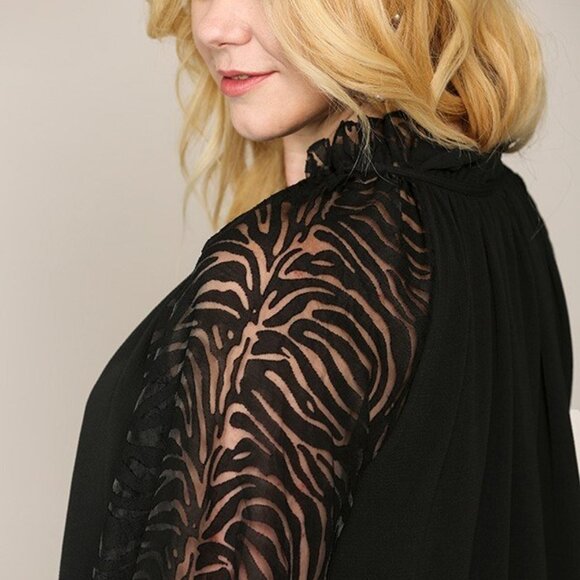 Zebra Burnout Sleeve Ruffled Neck Bubble Crepe Blouse - Picture 4 of 5